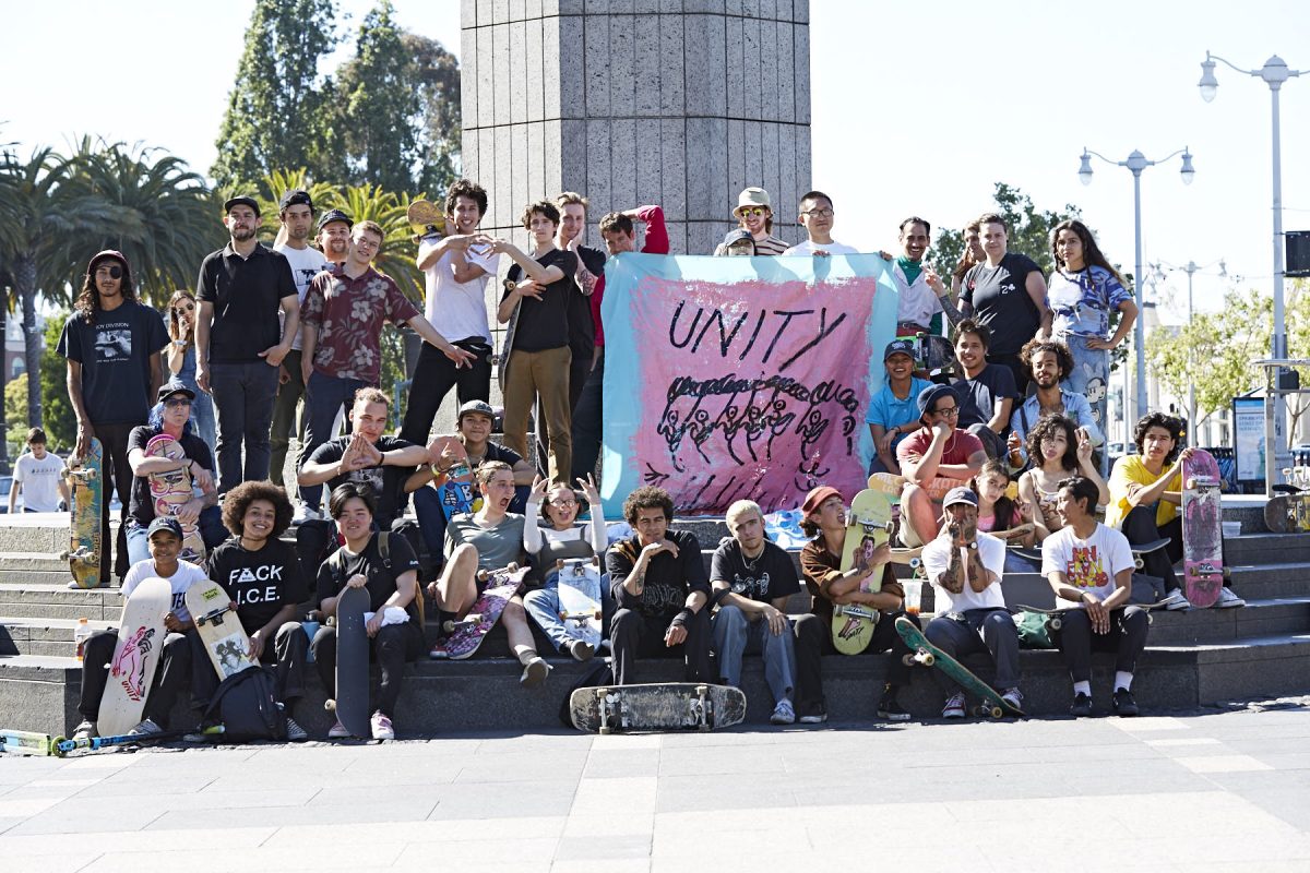 Unity Skateboard meetup in San Francisco, California in front of the Ferry Building. Unity is a queer skateboarding collective in California, designed as a haven from the sometimes-hostile environment the sport has fostered.