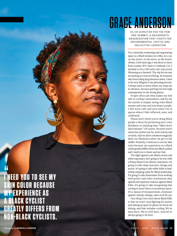 Grassroots organizer, Grace Anderson for Bicycling Magazine. Anderson speaks up about race in the cycling world. 
